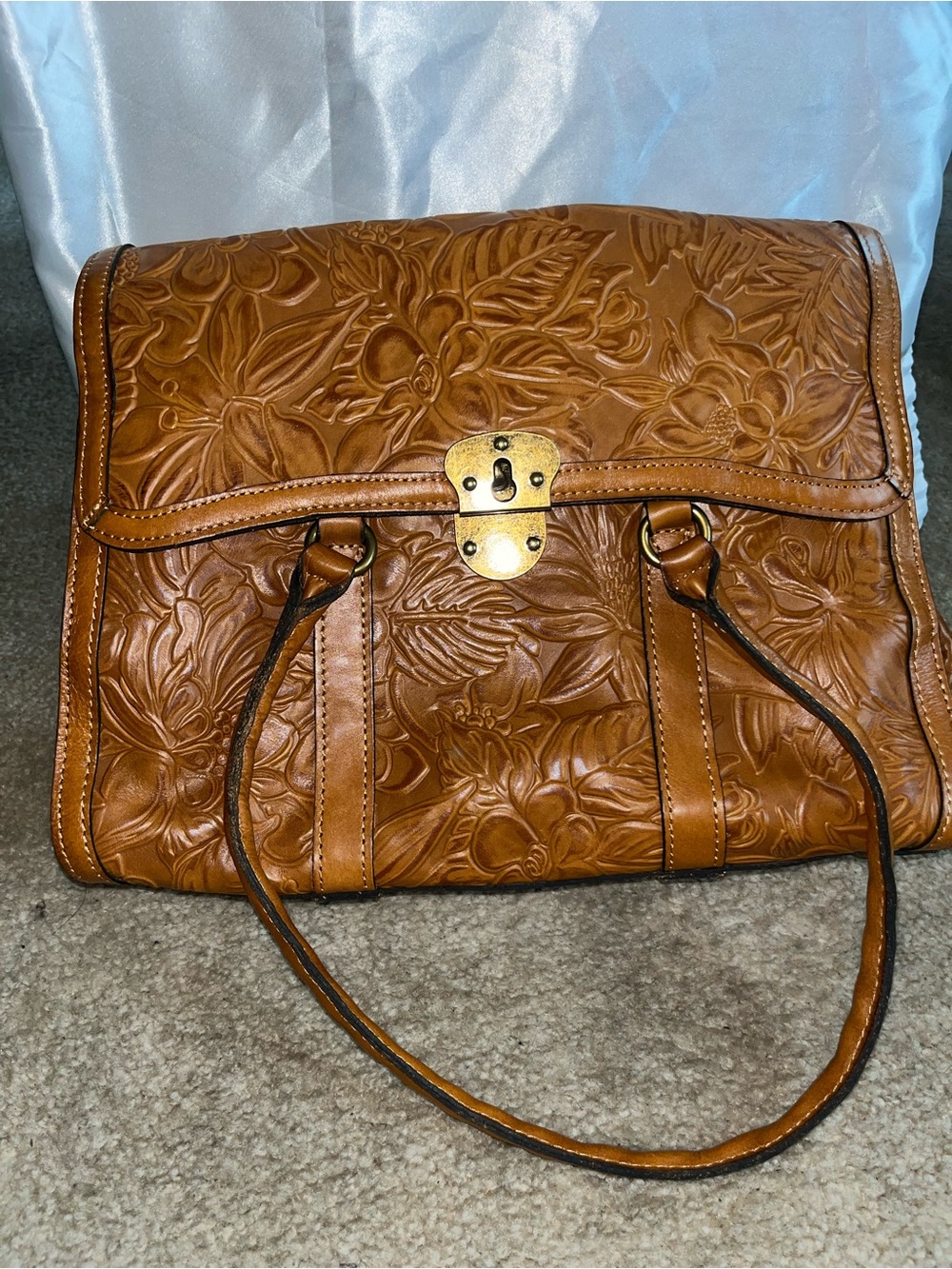 Patricia Nash Embossed Floral Shoulder Bag in Cognac